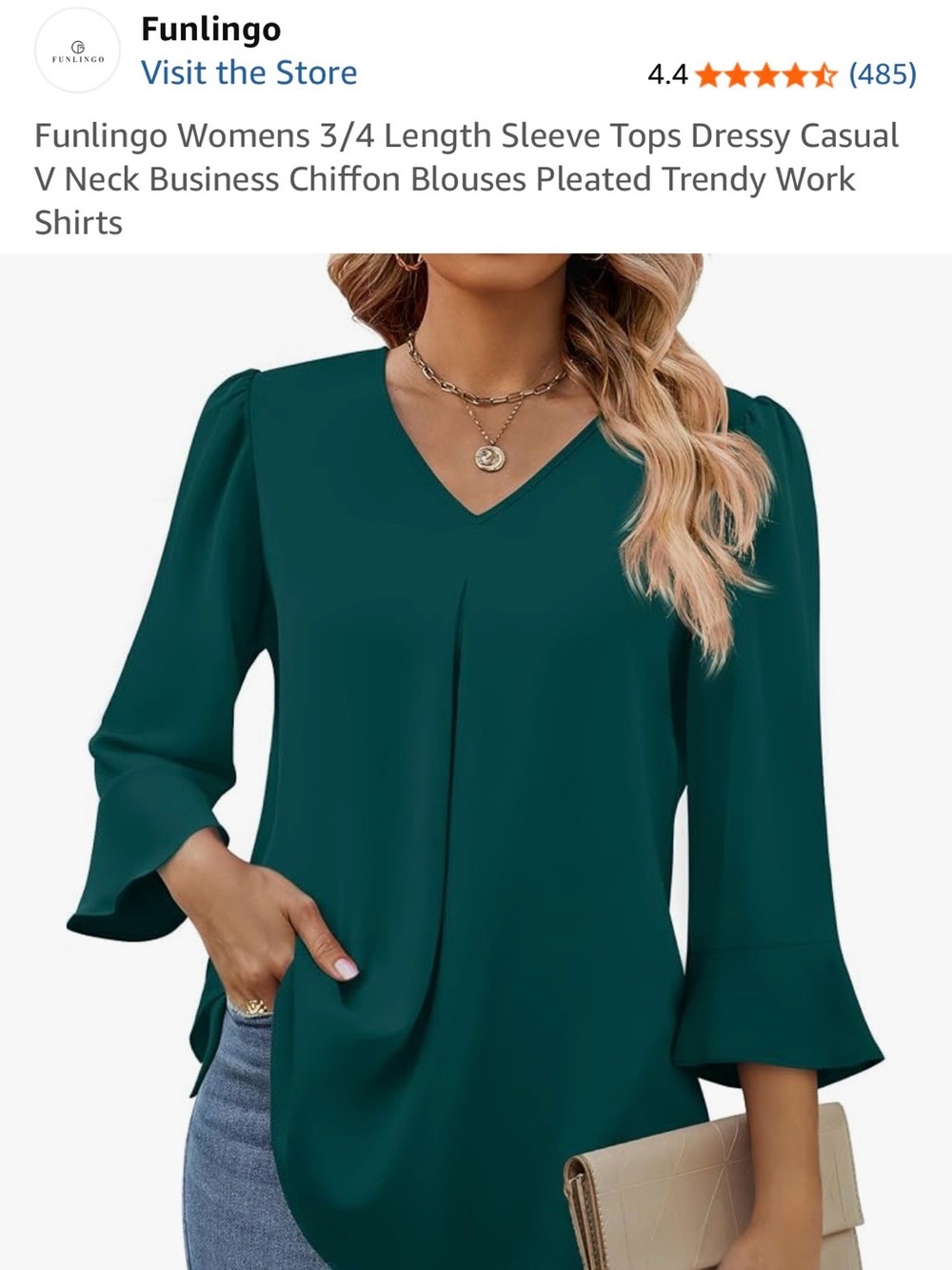 Women's Rain Forest Green V-Neck 3/4 Sleeve Blouse